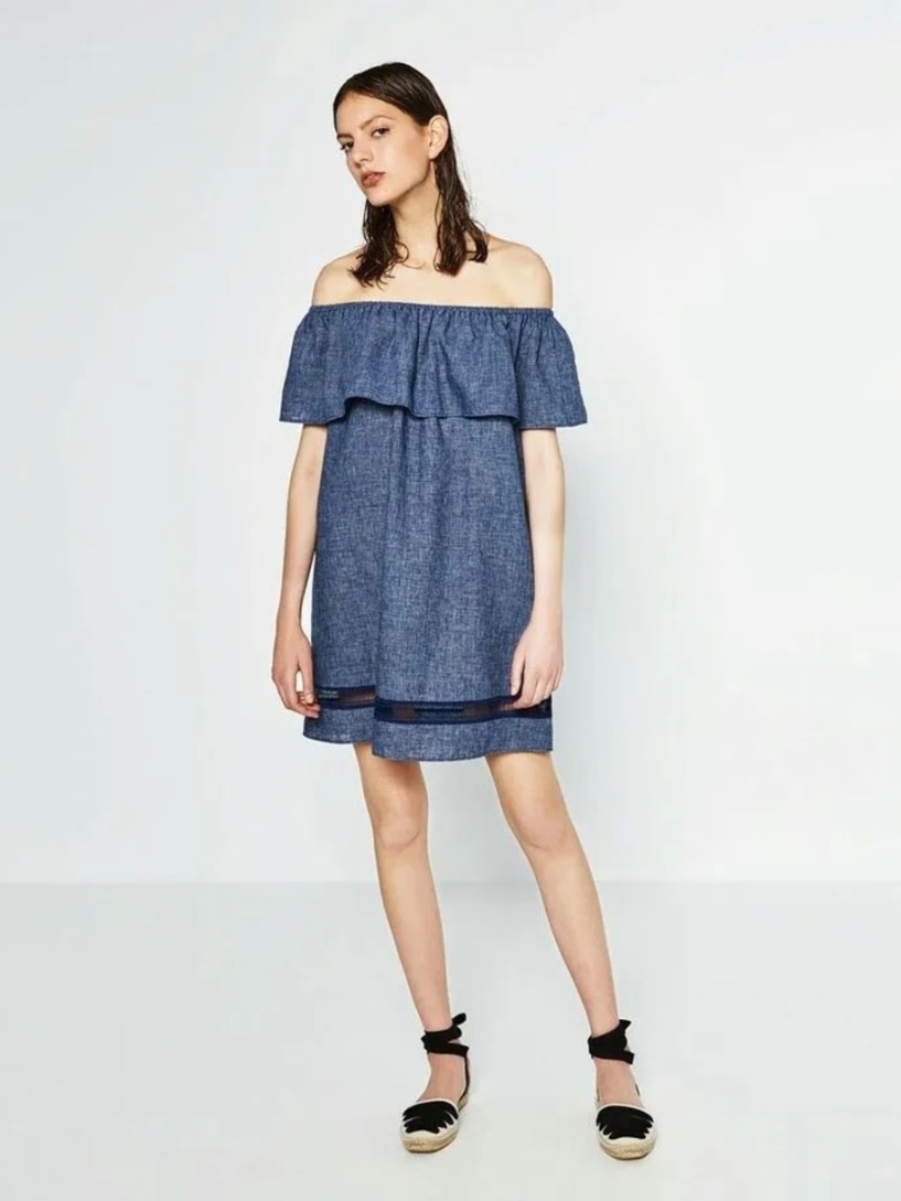 Zara Linen Blend Off Shoulder Summer Dress Size XS Blue